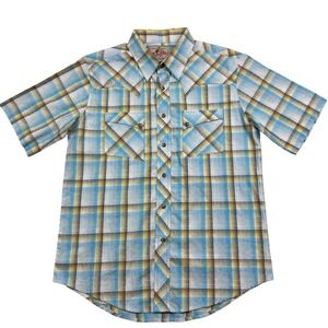 VTG Wrangler Cowboy Western Shirt Men's M Pearl Snap Plaid Cotton Size M Blue